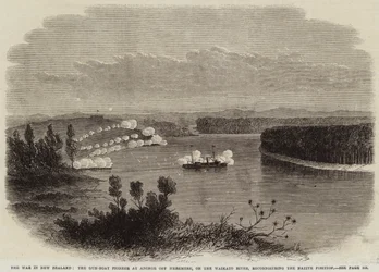 La guerra en Nueva Zelanda, el cañonero Pioneer anclado frente a Meremere, en el río Waikato, reconociendo la posición nativa